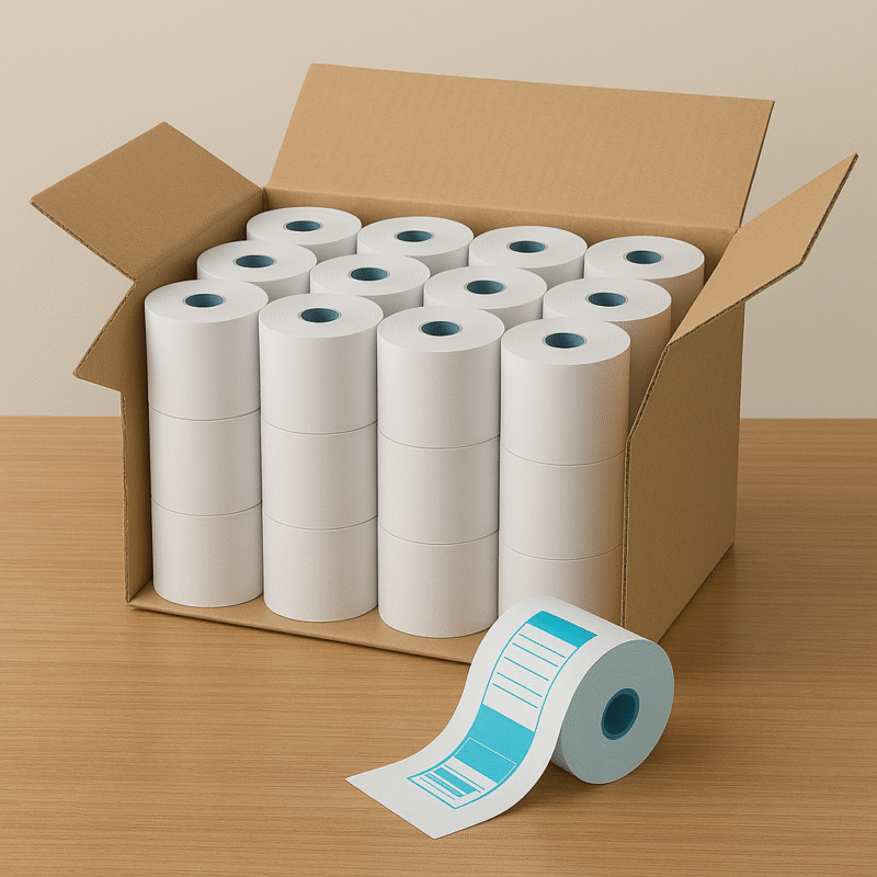 56mm x 14 Mtrs Custom Printed Single Colour Thermal Paper Rolls | ₹9 per Piece / ₹4,500 per Box (500 Nos)